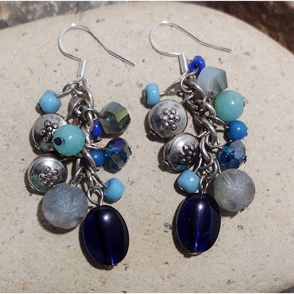 Blue Glass Cluster Beaded Sterling Silver Dangle Earrings